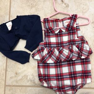 Plaid ruffle onesie with blue cardigan